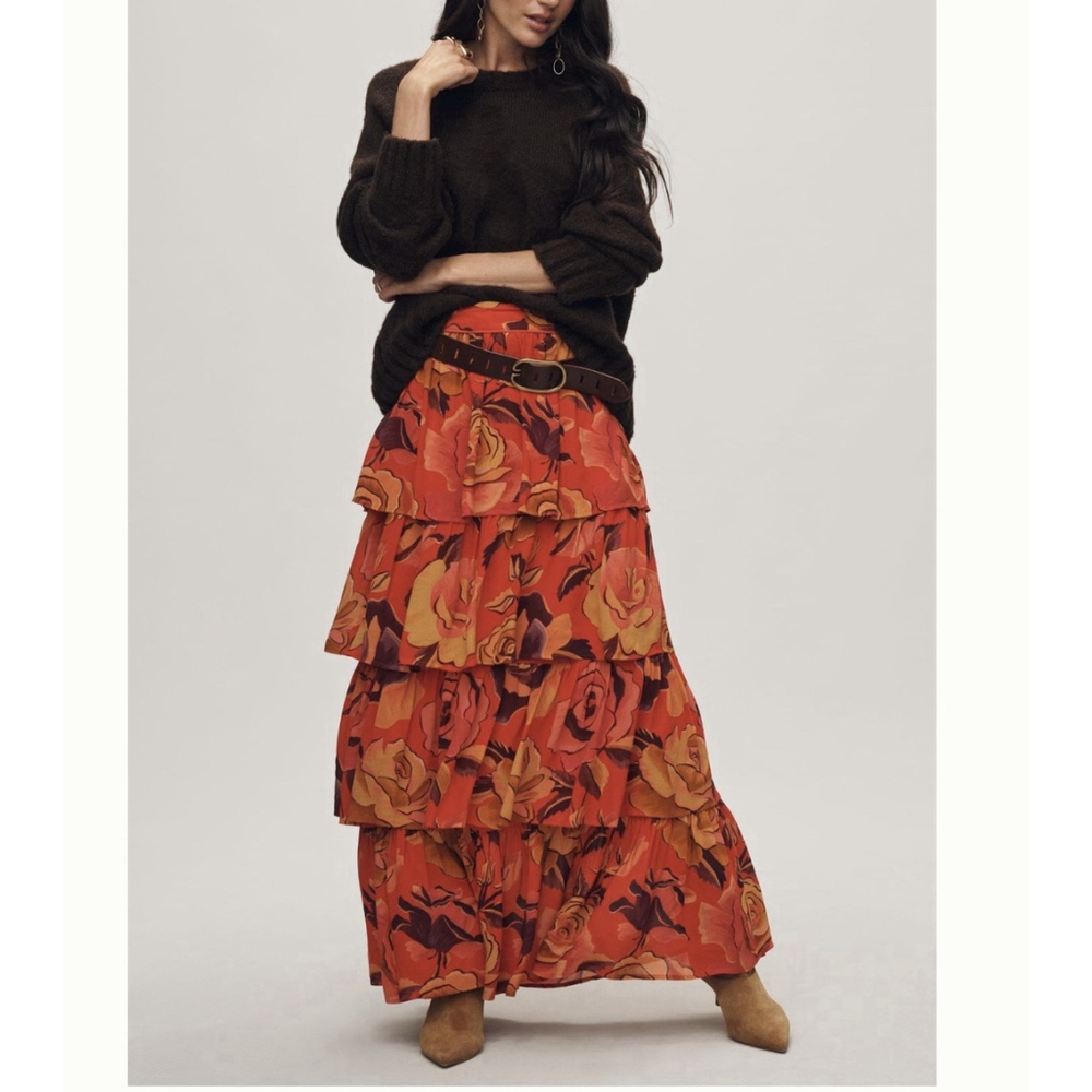 NWT Anthropologie Farm Rio Floral Tiered Midi Skirt Size:S Red Rose MSRP:$228